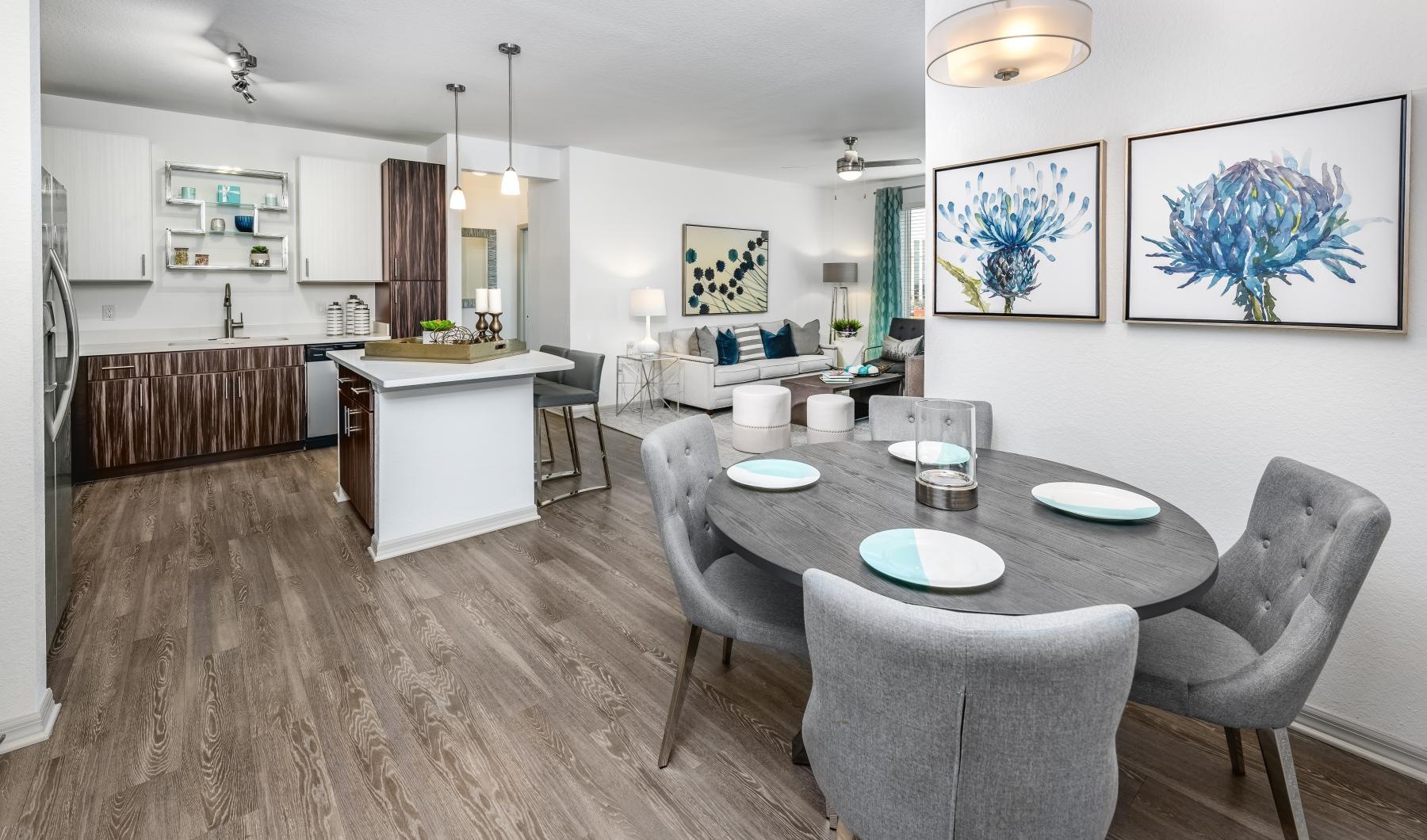 a kitchen with a dining table
