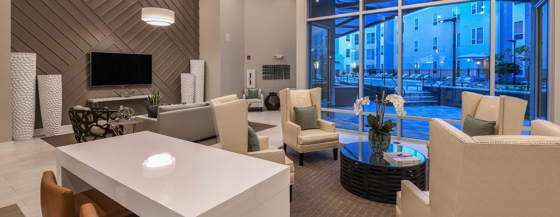 a living room with a large window