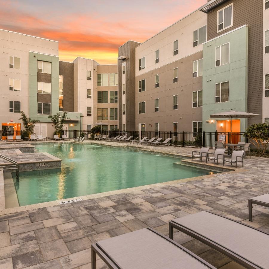 a pool in a courtyard