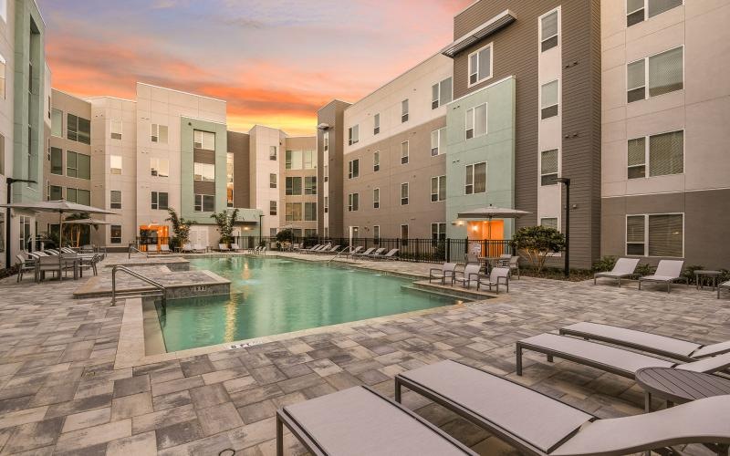 a pool in a courtyard